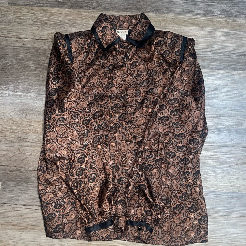 VTG Nicola Blouse Womens 6 Brown Long Sleeve Button Down Paisley Twee Grunge